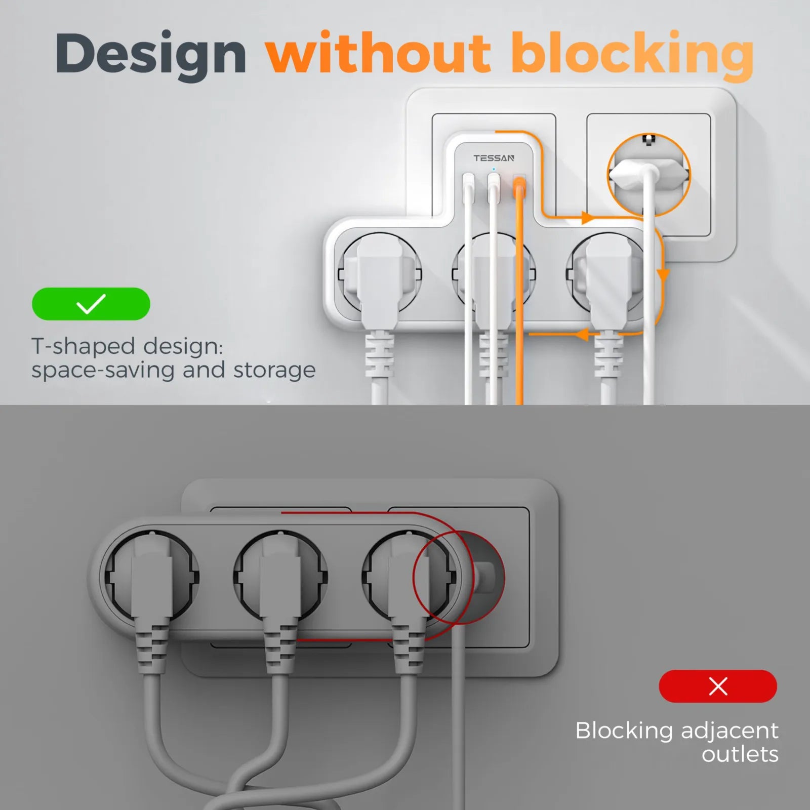 Regleta TESSAN 6 en 1 con enchufe europeo – 3 tomas + 2 USB + 1 USB-C