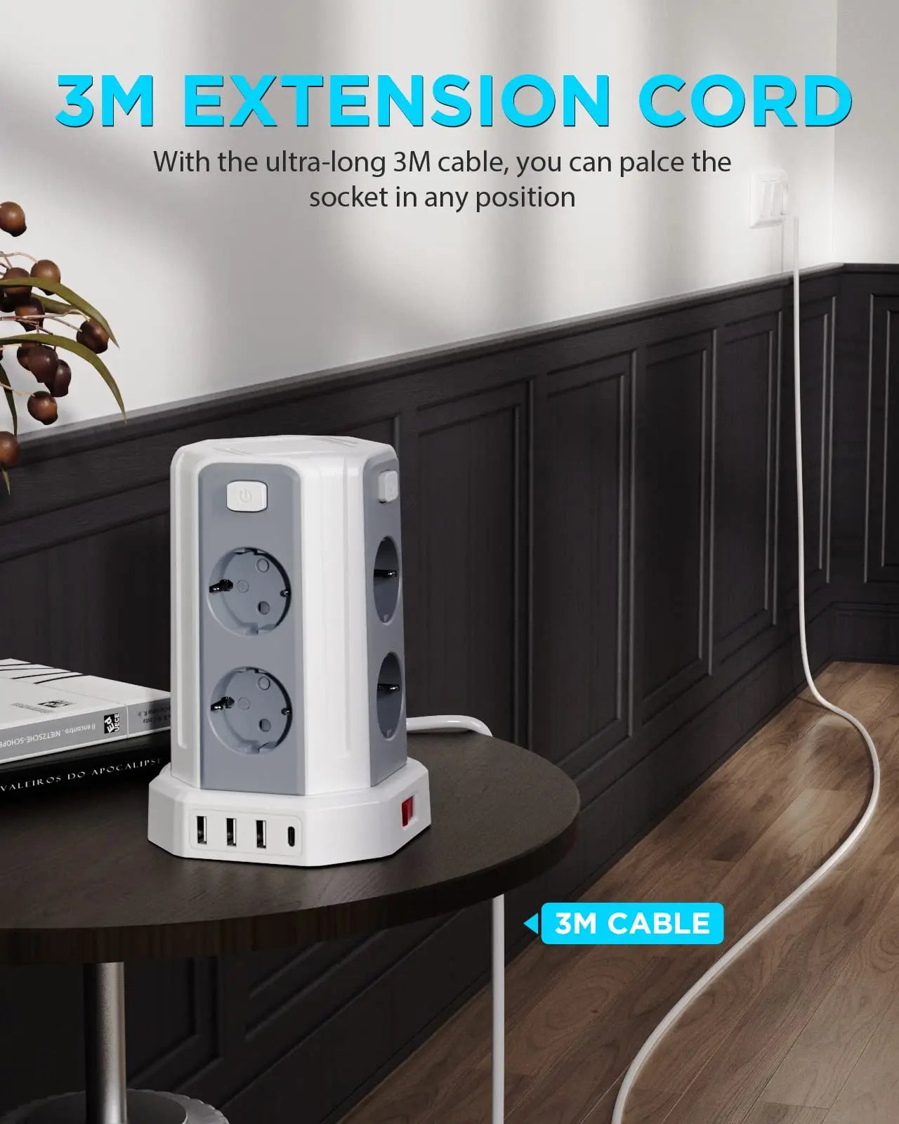 Regleta Vertical 8 Enchufes + 4 USB (3M)