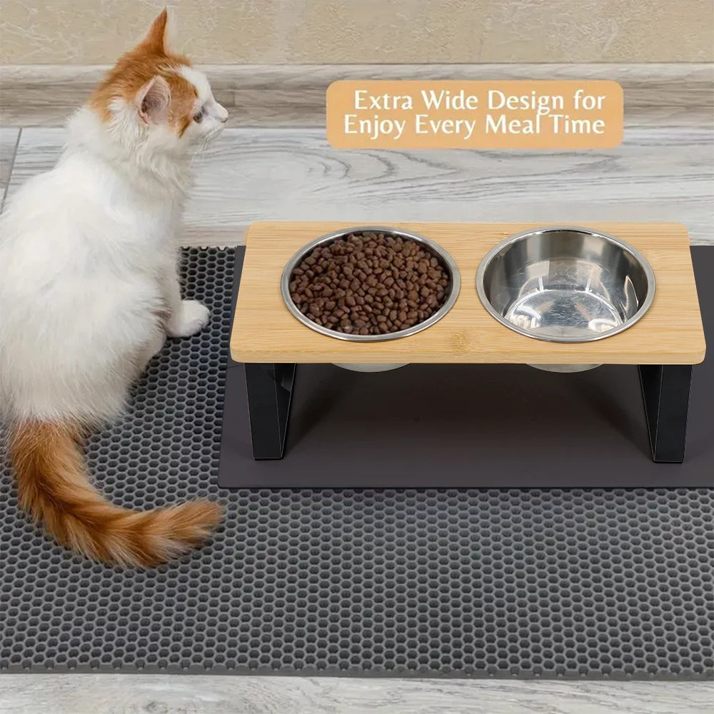 Comedero elevado doble para gatos y perros pequeños – acero inoxidable + base de madera