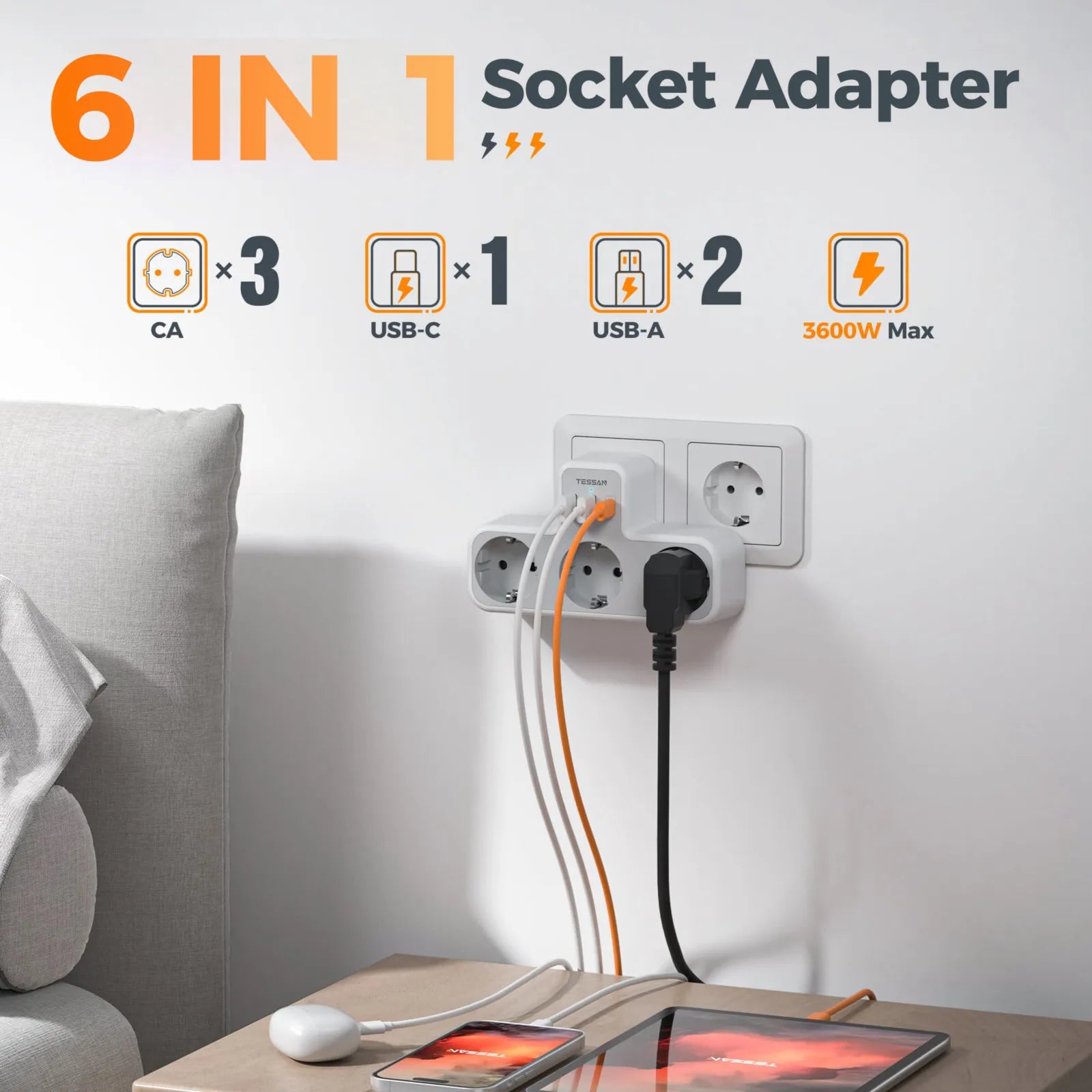 Regleta TESSAN 6 en 1 con enchufe europeo – 3 tomas + 2 USB + 1 USB-C