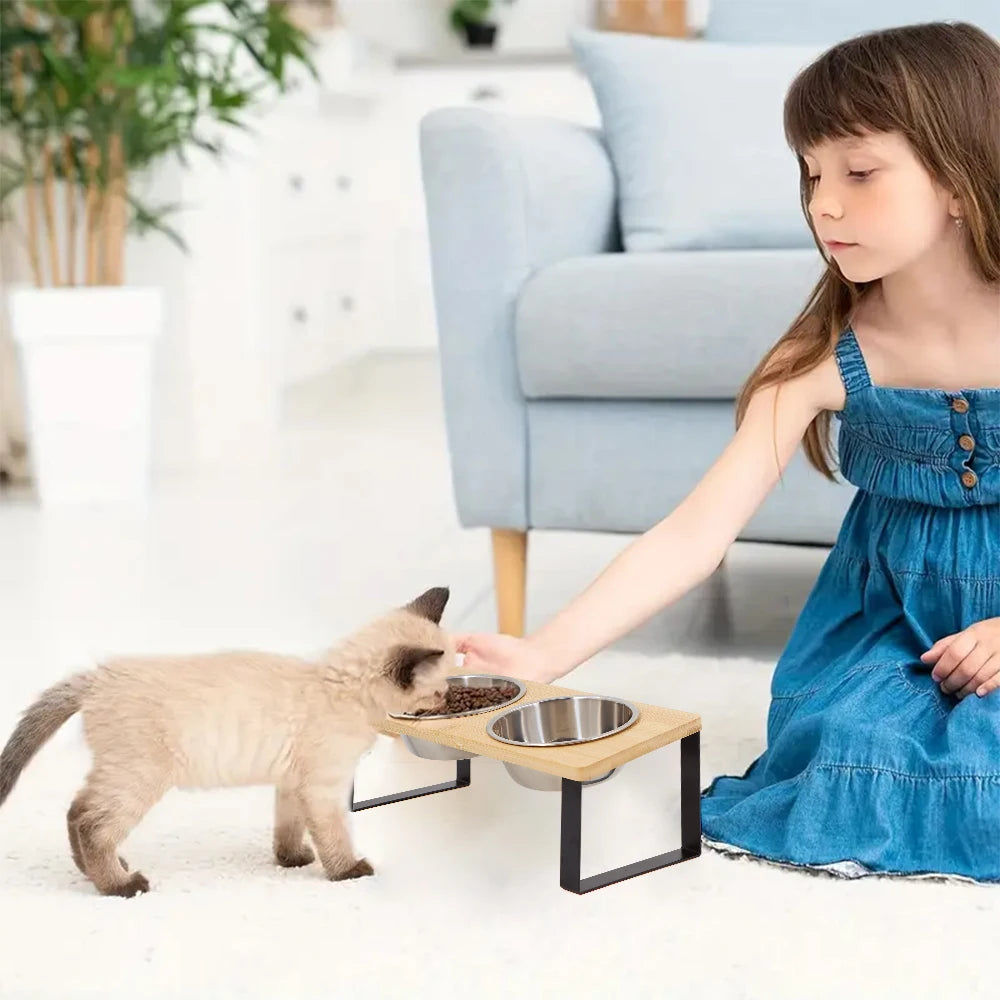 Comedero elevado doble para gatos y perros pequeños – acero inoxidable + base de madera