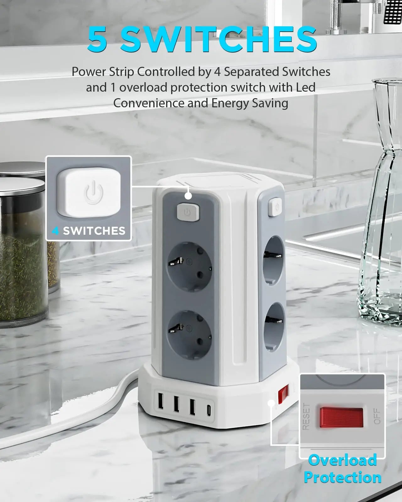 Regleta Vertical 8 Enchufes + 4 USB (3M)