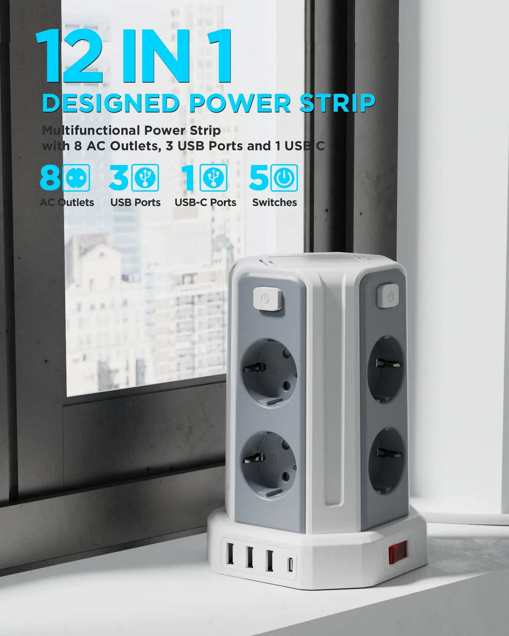 Regleta Vertical 8 Enchufes + 4 USB (3M)