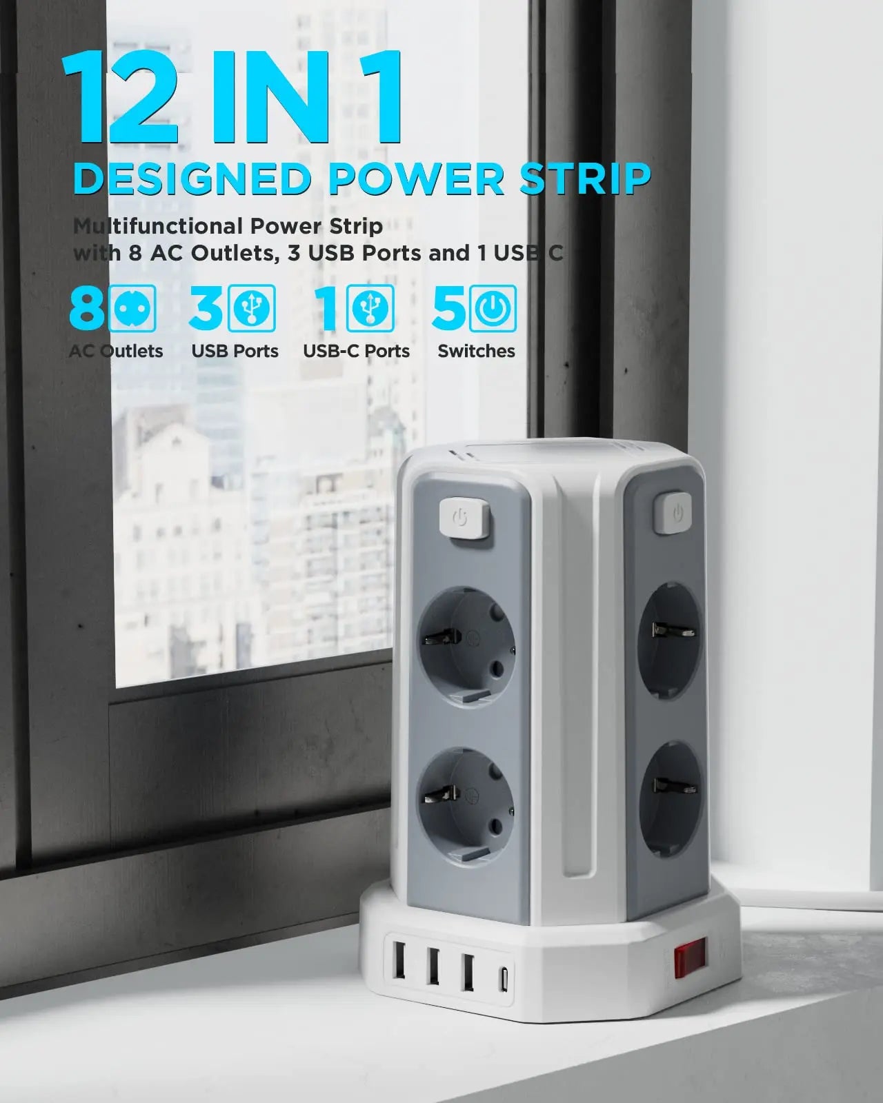 Regleta Vertical 8 Enchufes + 4 USB (3M)