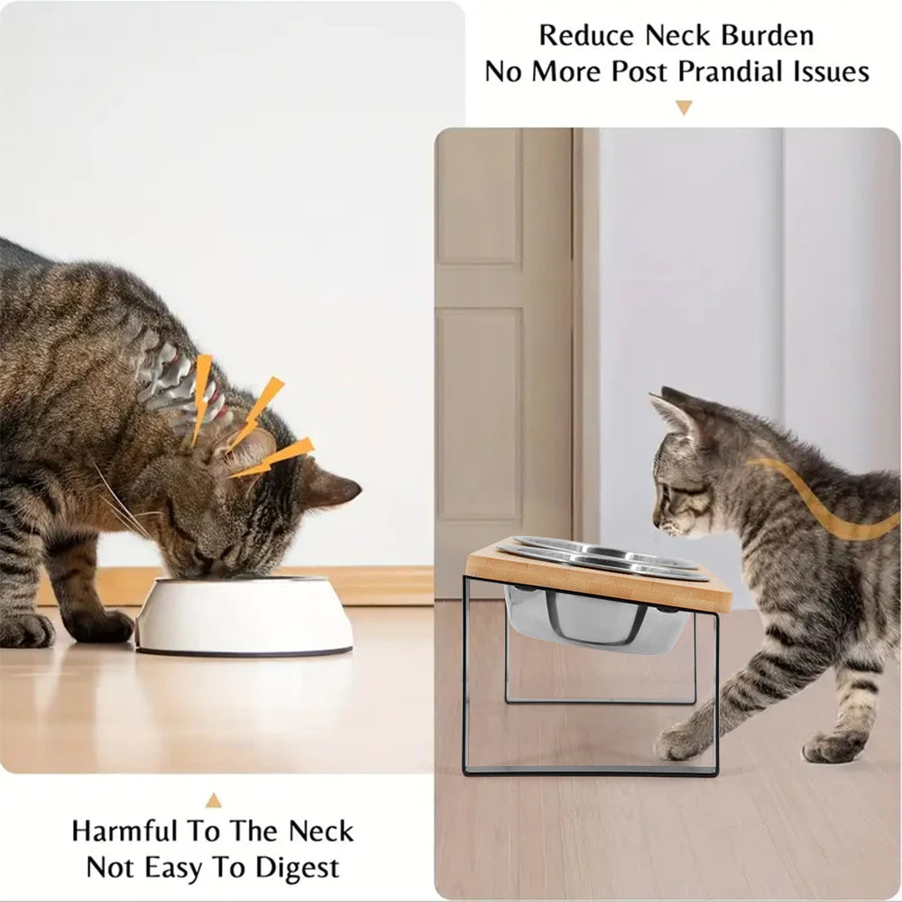 Comedero elevado doble para gatos y perros pequeños – acero inoxidable + base de madera