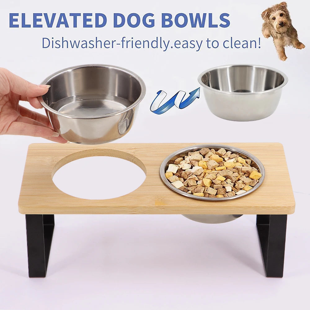 Comedero elevado doble para gatos y perros pequeños – acero inoxidable + base de madera