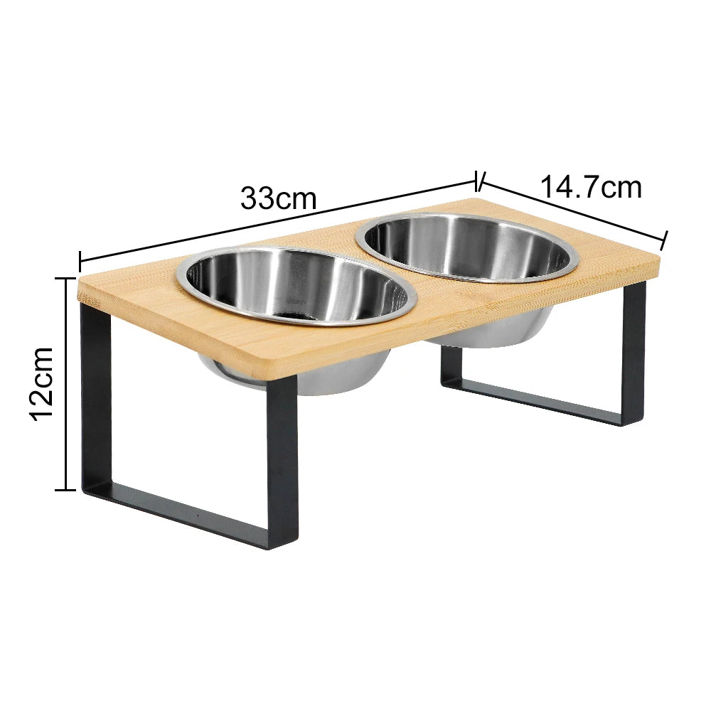Comedero elevado doble para gatos y perros pequeños – acero inoxidable + base de madera