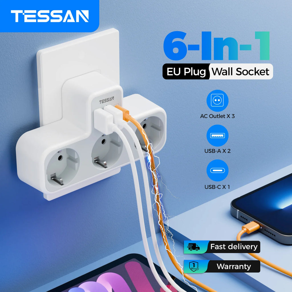 Regleta TESSAN 6 en 1 con enchufe europeo – 3 tomas + 2 USB + 1 USB-C