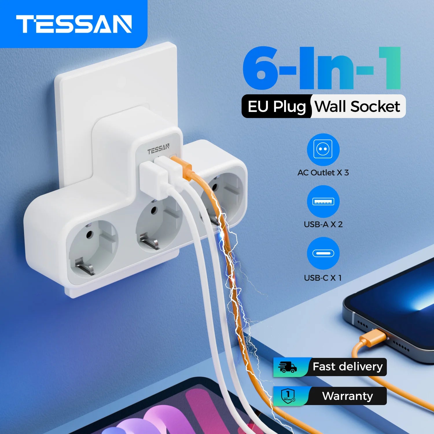 Regleta TESSAN 6 en 1 con enchufe europeo – 3 tomas + 2 USB + 1 USB-C