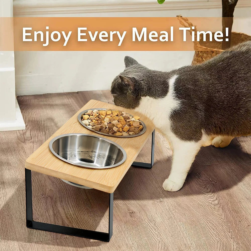 Comedero elevado doble para gatos y perros pequeños – acero inoxidable + base de madera