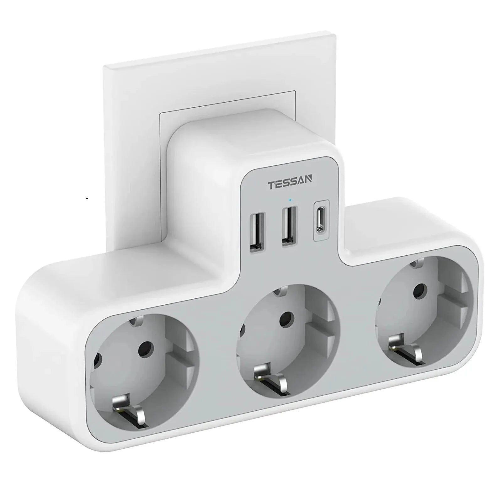 Regleta TESSAN 6 en 1 con enchufe europeo – 3 tomas + 2 USB + 1 USB-C