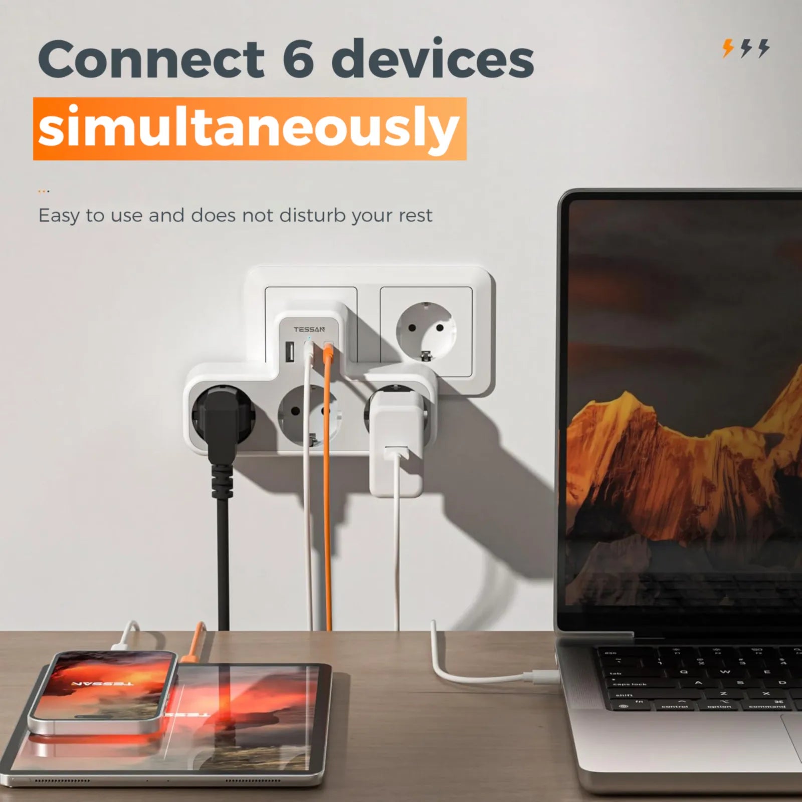 Regleta TESSAN 6 en 1 con enchufe europeo – 3 tomas + 2 USB + 1 USB-C