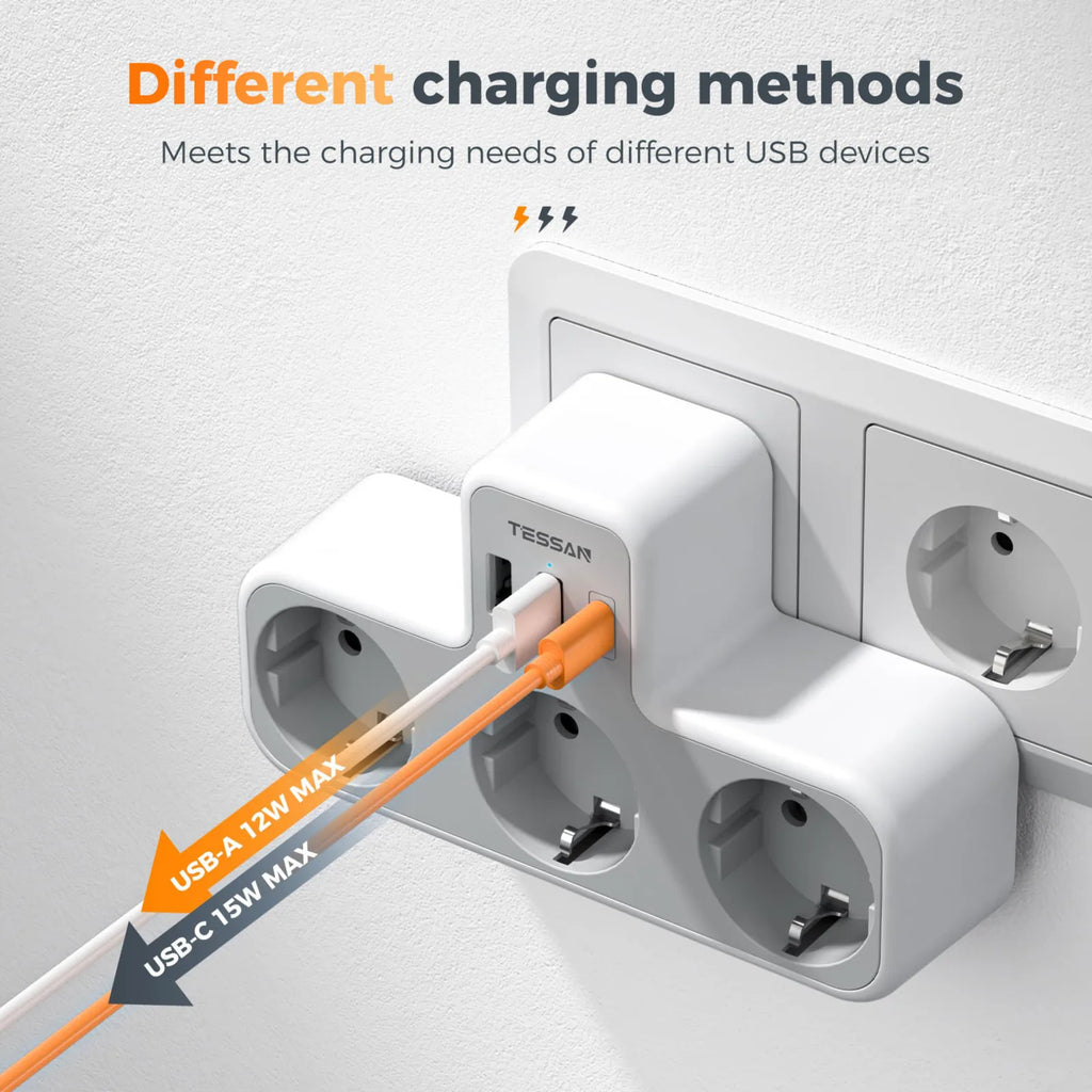 Regleta TESSAN 6 en 1 con enchufe europeo – 3 tomas + 2 USB + 1 USB-C