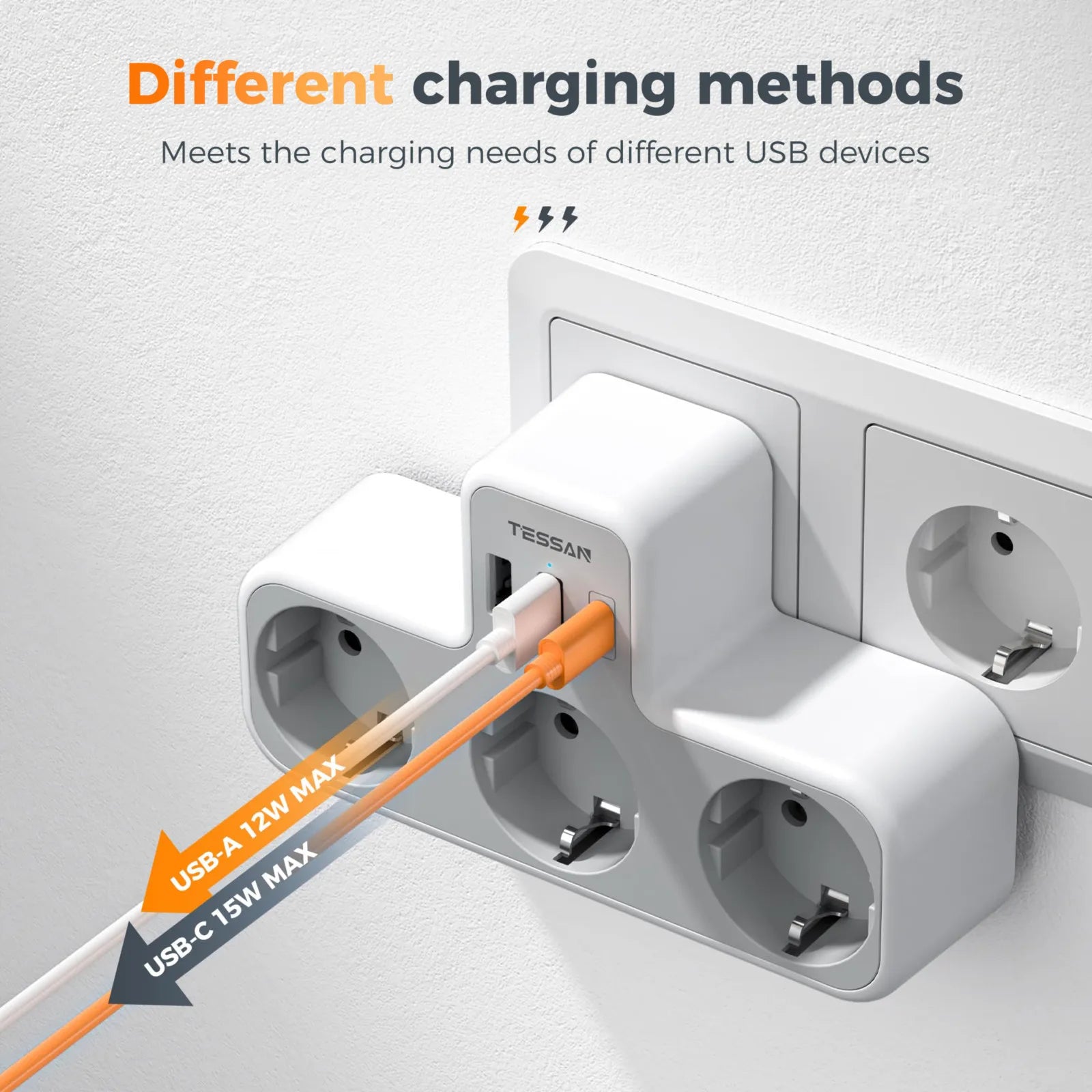 Regleta TESSAN 6 en 1 con enchufe europeo – 3 tomas + 2 USB + 1 USB-C