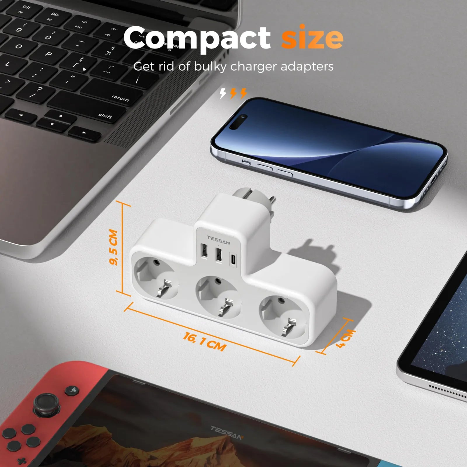 Regleta TESSAN 6 en 1 con enchufe europeo – 3 tomas + 2 USB + 1 USB-C