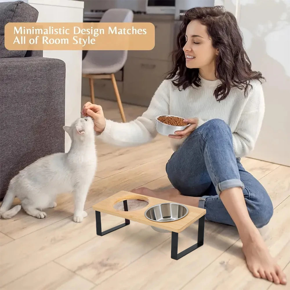 Comedero elevado doble para gatos y perros pequeños – acero inoxidable + base de madera