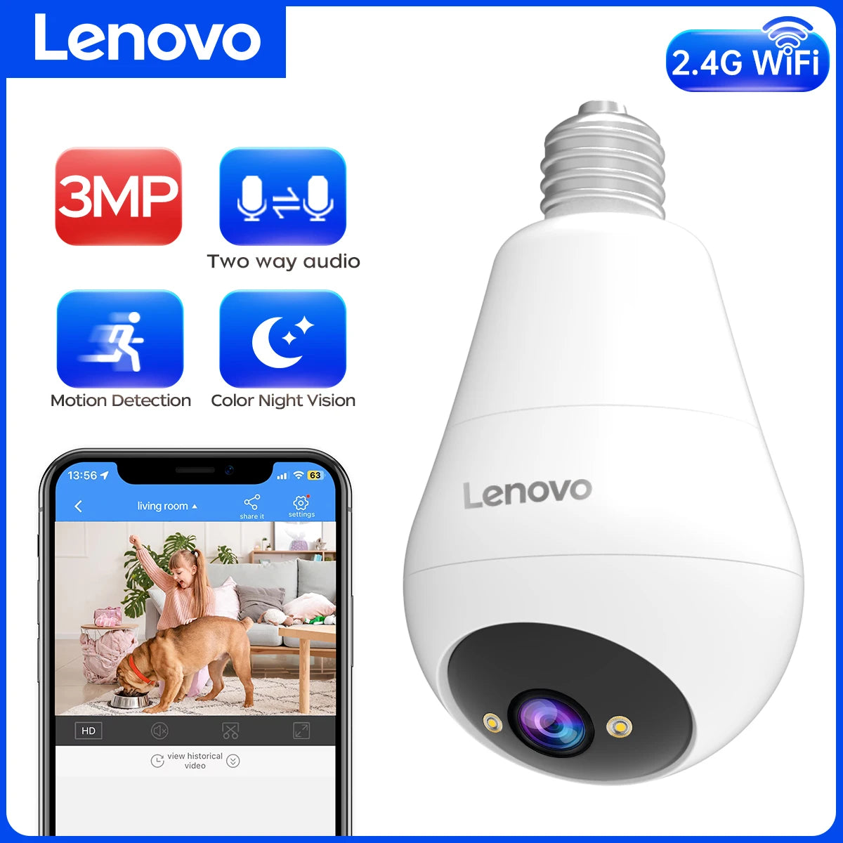 Cámara de Seguridad WiFi Lenovo 3MP con Visión Nocturna y Audio Bidireccional
